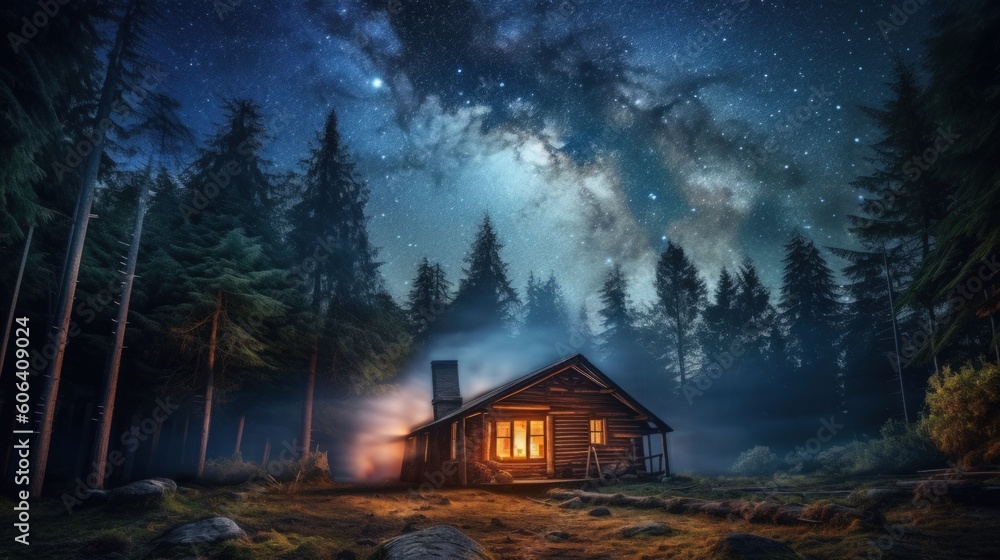 house in the woods at night with milkyway visible - Generative AI