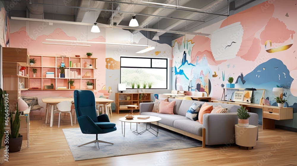 A captivating work design of a creative studio with vibrant wall murals, inspirational quotes, and comfortable collaborative spaces. generative ai A captivating work design of a creative studio with vibrant wall murals, inspirational quotes, and comfortable collaborative spaces. generative ai