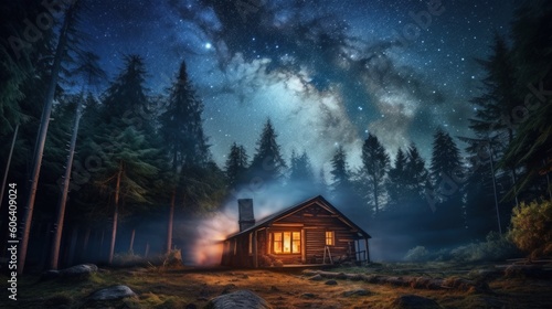 house in the woods at night with milkyway visible - Generative AI © Dennis