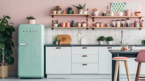 A chic retro-style kitchen with pastel-colored appliances