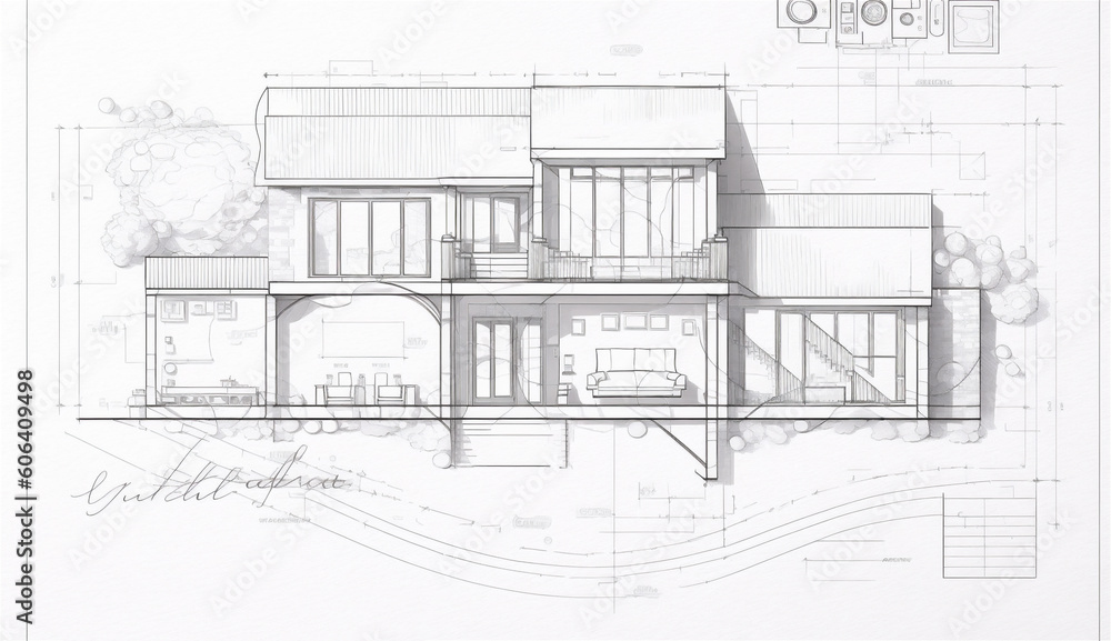 Fototapeta premium Top view of architect drawing on architectural project of villa