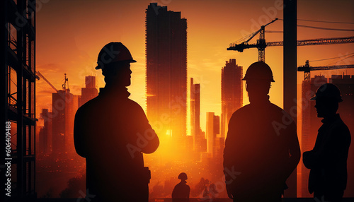Engineer, with a construction team working on a high - rise building, sunset light, silhouettes