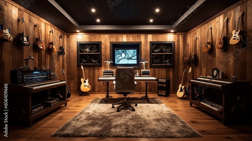 A inviting music recording studio with soundproof walls, a mixing console, and vintage - inspired decor that inspires creativity and captures the essence of the music being produced. generative ai