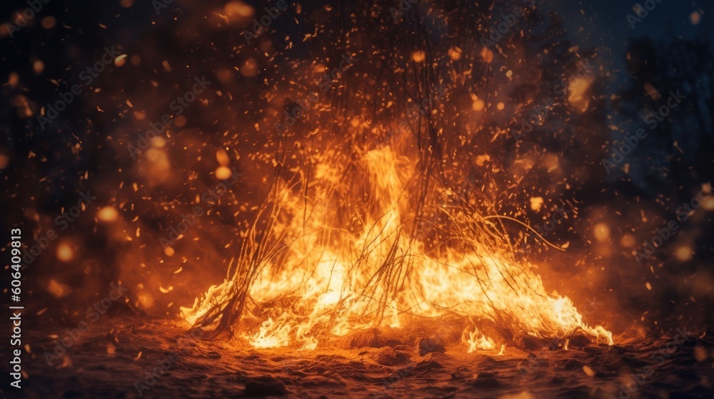 A crackling bonfire illuminating a dark night with sparks A crackling bonfire illuminating a dark night with sparks