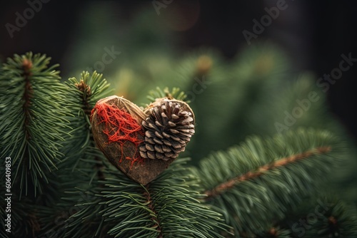 Christmas tree branches decorated with cute red hearts holding. Generative AI