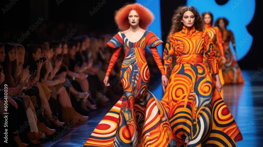 A fashion runway with models showcasing avant - garde designs, featuring bold patterns and unconventional materials. generative ai