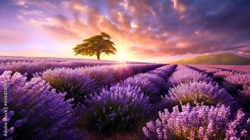 Sun setting or rising over a lavendar field. Beautiful lavender field with long purple rows. Ai illustration, fantasy digital painting, Generative AI