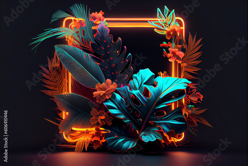 illustration of neon tropical theme with palm tree and exotic floral. ai photo