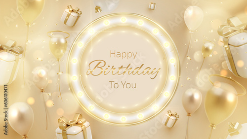 Happy birthday card with circle frame elements and neon lights Decorated with gift boxes, balloons, golden ribbons. Elegant background design. Vector illustration.