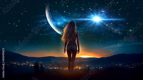  beautiful young woman stay on earth and watch starry sky moon planet surrealism,generated ai