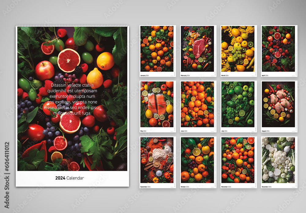 Minimalist 2024 Calendar with Food Illustrations AI generated Stock