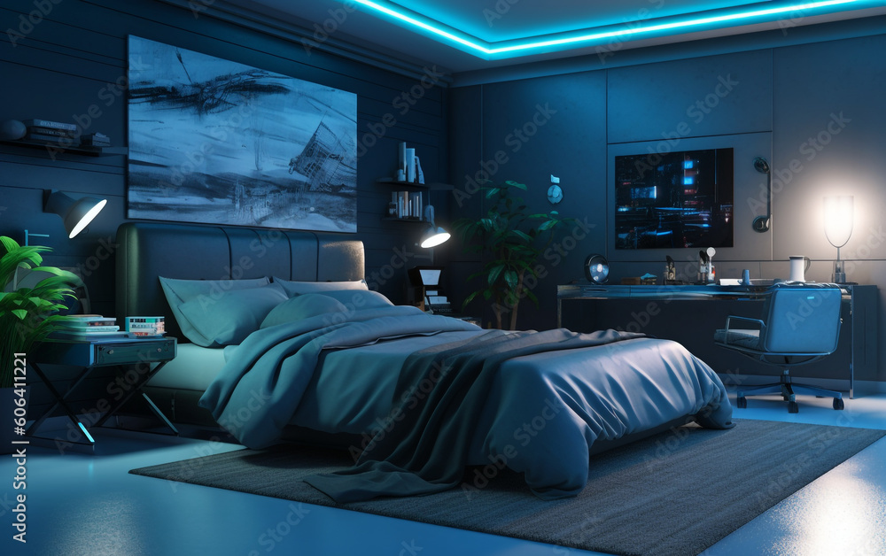 modern living room contemporary cyan and black bedroom with dramatic lighting and sleek decor , Generative AI