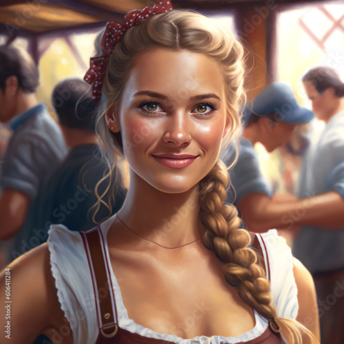 A painting of a woman wearing a traditional bavarian dress, generative ai technology