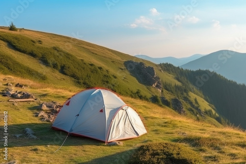Tourist camping tent on mountain campsite at bright sunny evening, Active tourism and hiking concept