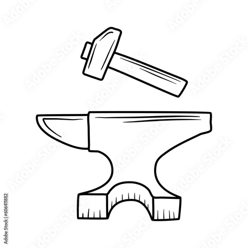 Steel anvil doodle, forge workshop. Line art style vector.