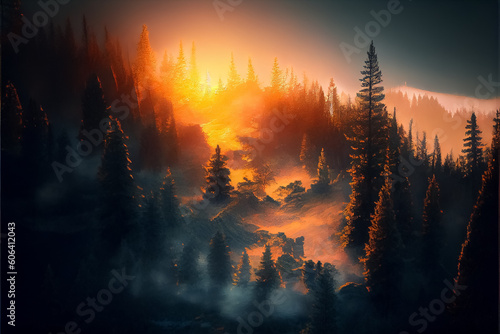 a beautiful view of the mountains and forest with sunset sky . AI