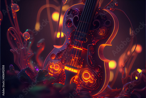 illustration of majestic violin with bow music string instrument in neon colors