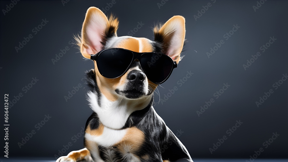 A cute chihuahua wearing sunglasses on black background. Generate Ai