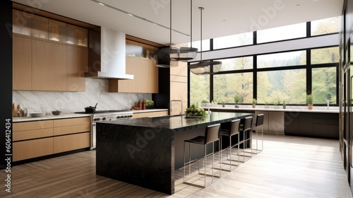 Sleek and modern kitchen with handleless cabinets  a quartz countertop  and pendant lighting