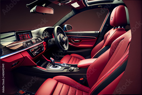 illustration of modern car with red leather seats sport style.AI © terra.incognita