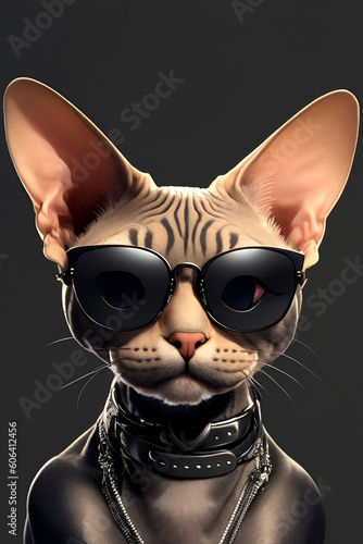 A cute cat Sphynx wearing sunglasses on black background. Generate Ai © AI_images