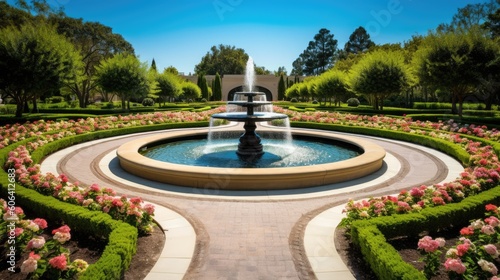 A picturesque government garden with well - manicured lawns, vibrant flower beds, and a central fountain. The garden provides a serene space for relaxation and reflection. generative ai