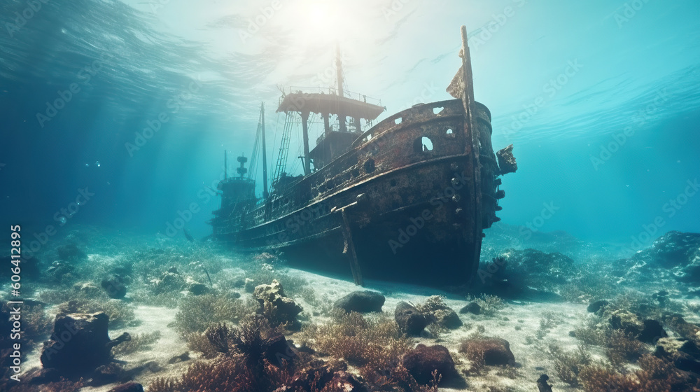 Underwater view of a sunken ship in the Caribbean Sea. Generative AI.