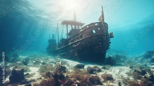 Underwater view of a sunken ship in the Caribbean Sea. Generative AI. © AS Photo Family