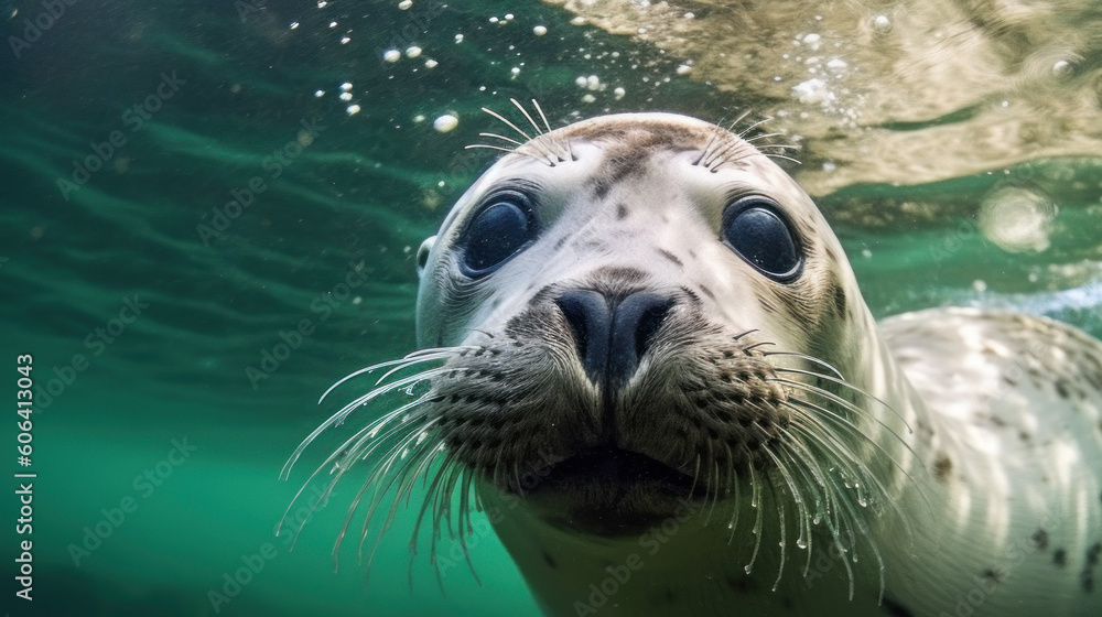 A seal swimming in the water and looking at the camera. Close-up. Generative AI.
