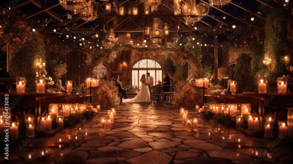 A romantic wedding scene with a beautifully decorated venue. generative ai