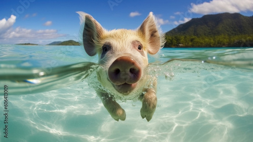 Pig swimming underwater in the ocean. Piggy swims in the sea. Generative AI. photo