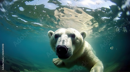 Polar bear swimming in the water underwater. Generative AI. © AS Photo Family