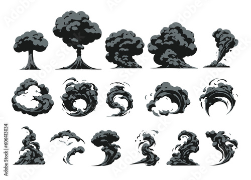 Explosion, burst fire effect of exploded dynamite or nuclear bombs with energy flashes, dust splashes and smoke clouds cartoon collection. Vector illustration