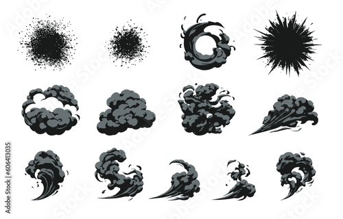 Explosion, burst fire effect of exploded dynamite or nuclear bombs with energy flashes, dust splashes and smoke clouds cartoon collection. Vector illustration
