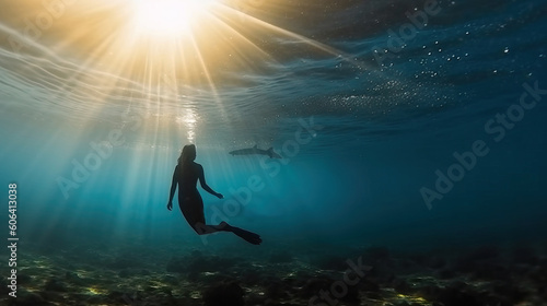 Underwater view of a woman scuba diving in the ocean. Generative AI.