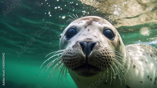 A seal swimming in the water and looking at the camera. Close-up. Generative AI. © AS Photo Family