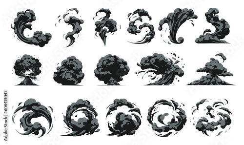 Explosion, burst fire effect of exploded dynamite or nuclear bombs with energy flashes, dust splashes and smoke clouds cartoon collection. Vector illustration
