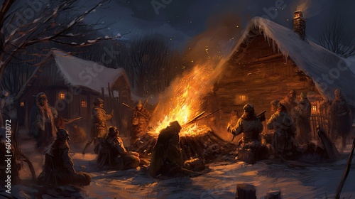 a roaring bonfire on a chilly evening with crackling flames