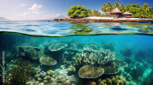 View of tropical island with coral reef and underwater world. Generative AI. © AS Photo Family