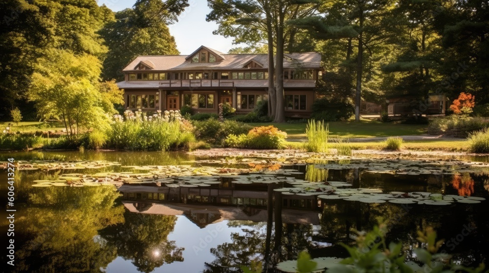 A serene meditation retreat center nestled in a peaceful natural setting, featuring meditation halls, tranquil gardens, and cozy accommodations for spiritual retreats. generative ai A serene meditation retreat center nestled in a peaceful natural setting, featuring meditation halls, tranquil gardens, and cozy accommodations for spiritual retreats. generative ai