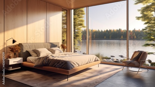 A serene home design featuring a minimalist bedroom with a platform bed  floor - to - ceiling windows  and panoramic views of a tranquil lake. generative ai