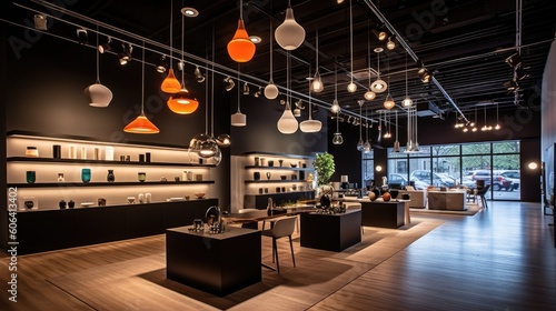 A sleek and contemporary showroom displaying the latest light designs. generative ai