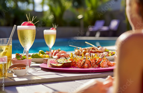 A delectable display of summer food and wine, featuring succulent shrimp, arranged on a poolside table, perfect for a refreshing and indulgent outdoor feast. Generative AI