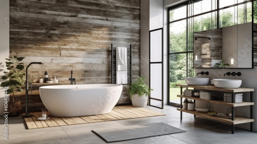 A sleek and elegant farmhouse bathroom with a freestanding bathtub  a rainfall shower  and natural stone accents. The bathroom offers a luxurious retreat for relaxation and self - care. generative ai