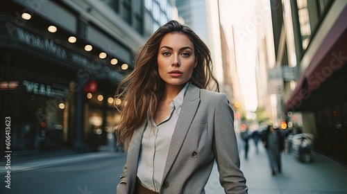 woman walking in the city, wearing business casual clothes, 