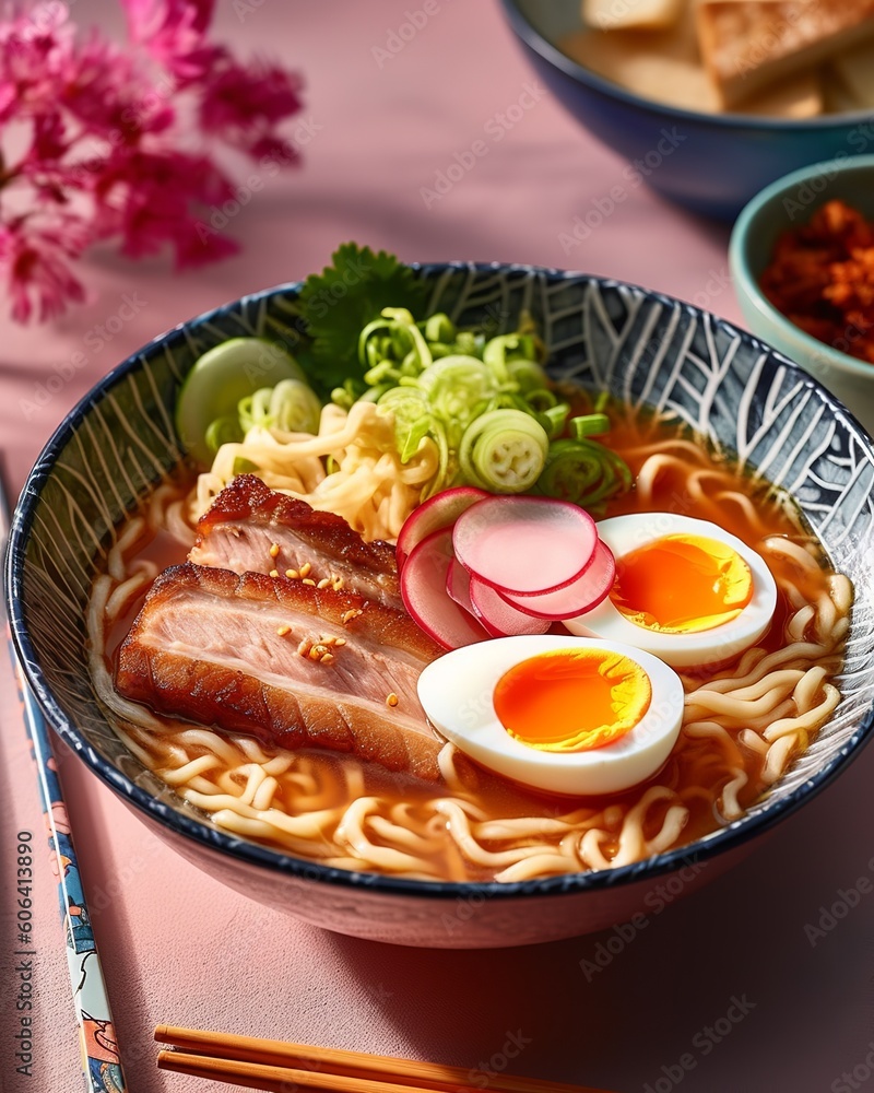 Warm up with this bowl of ramen with pork belly and soft-boiled egg! 🍜🥚 
Ingredients: Ramen noodles, pork belly, soft-boiled egg, scallions, mushrooms, soy sauce, miso paste, chicken broth