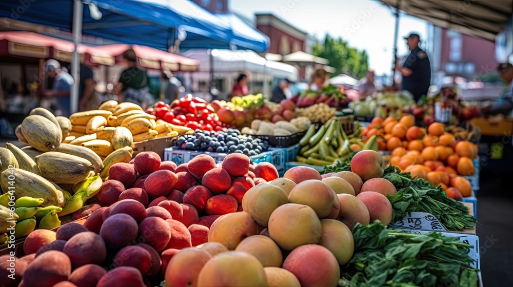 A vibrant and bustling farmers market filled with colorful fruits and vegetables. generative ai A vibrant and bustling farmers market filled with colorful fruits and vegetables. generative ai
