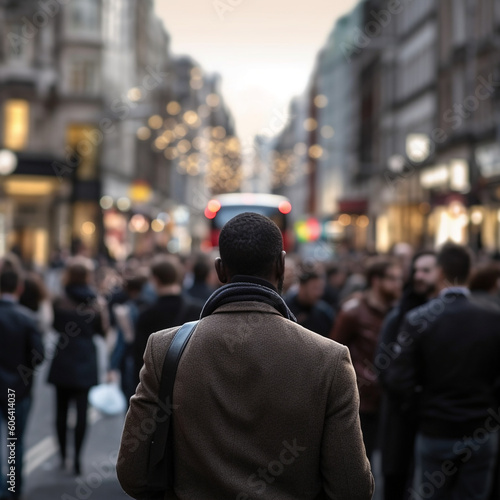 Man from behind standing at busy street with people around in motion blur. Generated by AI.
