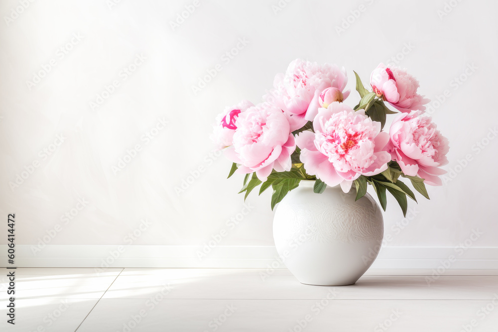 Beautiful pink peony flowers in vase on white background with copy space. Generative AI. Beautiful pink peony flowers in vase on white background with copy space. Generative AI.
