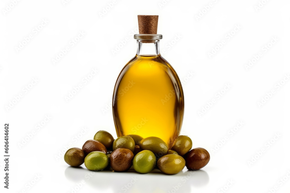 Bottle of essential oil on white background. Created with AI. Bottle of essential oil on white background. Created with AI.